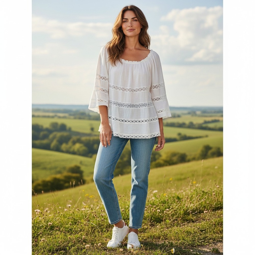 American Rag Cie White Gauze Peasant Top Crochet Lace Bell Sleeve Boho Blouse M